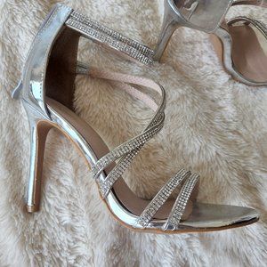 Strappy Silver Rhinestone Heels Size 8 Double Ankle wrap with Back Zip